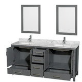 Wyndham WCS141472DKGCMUNSM24 Sheffield 72 Inch Double Bathroom Vanity in Dark Gray, White Carrara Marble Countertop, Undermount Square Sinks, and 24 Inch Mirrors