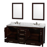 Wyndham WCS141472DESCMUNOM24 Sheffield 72 Inch Double Bathroom Vanity in Espresso, White Carrara Marble Countertop, Undermount Oval Sinks, and 24 Inch Mirrors