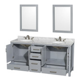 Wyndham WCS141472DGYCMUNOM24 Sheffield 72 Inch Double Bathroom Vanity in Gray, White Carrara Marble Countertop, Undermount Oval Sinks, and 24 Inch Mirrors