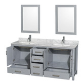 Wyndham WCS141472DGYCMUNSM24 Sheffield 72 Inch Double Bathroom Vanity in Gray, White Carrara Marble Countertop, Undermount Square Sinks, and 24 Inch Mirrors