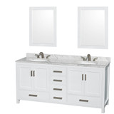 Wyndham WCS141472DWHCMUNOM24 Sheffield 72 Inch Double Bathroom Vanity in White, White Carrara Marble Countertop, Undermount Oval Sinks, and 24 Inch Mirrors