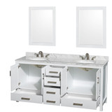 Wyndham WCS141472DWHCMUNOM24 Sheffield 72 Inch Double Bathroom Vanity in White, White Carrara Marble Countertop, Undermount Oval Sinks, and 24 Inch Mirrors