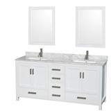 Wyndham WCS141472DWHCMUNSM24 Sheffield 72 Inch Double Bathroom Vanity in White, White Carrara Marble Countertop, Undermount Square Sinks, and 24 Inch Mirrors