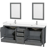 Wyndham WCS141480DKGWCUNSM24 Sheffield 80 Inch Double Bathroom Vanity in Dark Gray, White Cultured Marble Countertop, Undermount Square Sinks, 24 Inch Mirrors