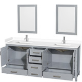 Wyndham WCS141480DGYWCUNSM24 Sheffield 80 Inch Double Bathroom Vanity in Gray, White Cultured Marble Countertop, Undermount Square Sinks, 24 Inch Mirrors