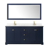 Wyndham WCV232372DBLC2UNSM70 Avery 72 Inch Double Bathroom Vanity in Dark Blue, Light-Vein Carrara Cultured Marble Countertop, Undermount Square Sinks, 70 Inch Mirror