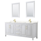 Wyndham WCV252580DWGC2UNSM24 Daria 80 Inch Double Bathroom Vanity in White, Light-Vein Carrara Cultured Marble Countertop, Undermount Square Sinks, 24 Inch Mirrors, Brushed Gold Trim