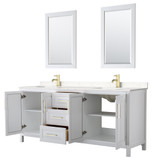 Wyndham WCV252580DWGC2UNSM24 Daria 80 Inch Double Bathroom Vanity in White, Light-Vein Carrara Cultured Marble Countertop, Undermount Square Sinks, 24 Inch Mirrors, Brushed Gold Trim