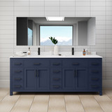 Wyndham WCG242484DBBWCUNSMXX Beckett 84 Inch Double Bathroom Vanity in Dark Blue, White Cultured Marble Countertop, Undermount Square Sinks, Matte Black Trim