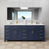 Wyndham WCG242484DBLWCUNSMXX Beckett 84 Inch Double Bathroom Vanity in Dark Blue, White Cultured Marble Countertop, Undermount Square Sinks, No Mirror