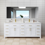 Wyndham WCG242484DWGCCUNSMXX Beckett 84 Inch Double Bathroom Vanity in White, Carrara Cultured Marble Countertop, Undermount Square Sinks, Brushed Gold Trim