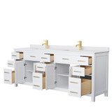 Wyndham  WCG242484DWGWCUNSMXX Beckett 84 Inch Double Bathroom Vanity in White, White Cultured Marble Countertop, Undermount Square Sinks, Brushed Gold Trim