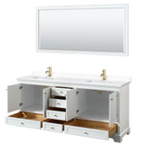 Wyndham WCS202080DWGWCUNSM70 Deborah 80 Inch Double Bathroom Vanity in White, White Cultured Marble Countertop, Undermount Square Sinks, Brushed Gold Trim, 70 Inch Mirror