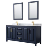 Wyndham WCV252572DBLCMUNSM24 Daria 72 Inch Double Bathroom Vanity in Dark Blue, White Carrara Marble Countertop, Undermount Square Sinks, 24 Inch Mirrors