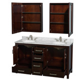 Wyndham WCS141460DESCMUNOMED Sheffield 60 Inch Double Bathroom Vanity in Espresso, White Carrara Marble Countertop, Undermount Oval Sinks, and Medicine Cabinets