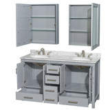 Wyndham WCS141460DGYCMUNOMED Sheffield 60 Inch Double Bathroom Vanity in Gray, White Carrara Marble Countertop, Undermount Oval Sinks, and Medicine Cabinets