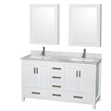 Wyndham WCS141460DWHCMUNSMED Sheffield 60 Inch Double Bathroom Vanity in White, White Carrara Marble Countertop, Undermount Square Sinks, and Medicine Cabinets
