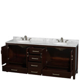 Wyndham WCS141480DESCMUNOMXX Sheffield 80 Inch Double Bathroom Vanity in Espresso, White Carrara Marble Countertop, Undermount Oval Sinks, and No Mirror