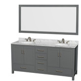 Wyndham WCS141472DKGCMUNOM70 Sheffield 72 Inch Double Bathroom Vanity in Dark Gray, White Carrara Marble Countertop, Undermount Oval Sinks, and 70 Inch Mirror