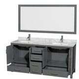 Wyndham WCS141472DKGCMUNSM70 Sheffield 72 Inch Double Bathroom Vanity in Dark Gray, White Carrara Marble Countertop, Undermount Square Sinks, and 70 Inch Mirror