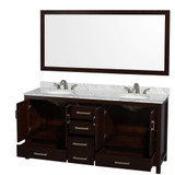 Wyndham WCS141472DESCMUNOM70 Sheffield 72 Inch Double Bathroom Vanity in Espresso, White Carrara Marble Countertop, Undermount Oval Sinks, and 70 Inch Mirror