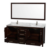 Wyndham WCS141472DESCMUNSM70 Sheffield 72 Inch Double Bathroom Vanity in Espresso, White Carrara Marble Countertop, Undermount Square Sinks, and 70 Inch Mirror