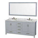 Wyndham WCS141472DGYCMUNOM70 Sheffield 72 Inch Double Bathroom Vanity in Gray, White Carrara Marble Countertop, Undermount Oval Sinks, and 70 Inch Mirror