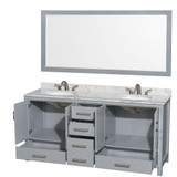 Wyndham WCS141472DGYCMUNOM70 Sheffield 72 Inch Double Bathroom Vanity in Gray, White Carrara Marble Countertop, Undermount Oval Sinks, and 70 Inch Mirror