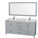 Wyndham WCS141472DGYCMUNSM70 Sheffield 72 Inch Double Bathroom Vanity in Gray, White Carrara Marble Countertop, Undermount Square Sinks, and 70 Inch Mirror