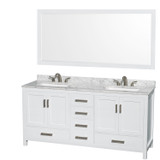 Wyndham WCS141472DWHCMUS3M70 Sheffield 72 Inch Double Bathroom Vanity in White, White Carrara Marble Countertop, Undermount 3-Hole Square Sinks, 70 Inch Mirror