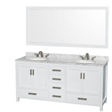 Wyndham WCS141472DWHCMUNOM70 Sheffield 72 Inch Double Bathroom Vanity in White, White Carrara Marble Countertop, Undermount Oval Sinks, and 70 Inch Mirror