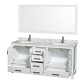 Wyndham WCS141472DWHCMUNSM70 Sheffield 72 Inch Double Bathroom Vanity in White, White Carrara Marble Countertop, Undermount Square Sinks, and 70 Inch Mirror