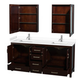 Wyndham WCS141472DESWCUNSMED Sheffield 72 Inch Double Bathroom Vanity in Espresso, White Cultured Marble Countertop, Undermount Square Sinks, Medicine Cabinets