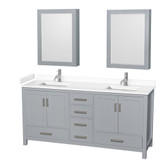 Wyndham WCS141472DGYWCUNSMED Sheffield 72 Inch Double Bathroom Vanity in Gray, White Cultured Marble Countertop, Undermount Square Sinks, Medicine Cabinets