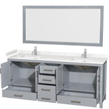 Wyndham WCS141480DGYC2UNSM70 Sheffield 80 Inch Double Bathroom Vanity in Gray, Carrara Cultured Marble Countertop, Undermount Square Sinks, 70 Inch Mirror