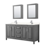 Wyndham WCV252572DKGC2UNSMED Daria 72 Inch Double Bathroom Vanity in Dark Gray, Light-Vein Carrara Cultured Marble Countertop, Undermount Square Sinks, Medicine Cabinets