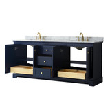 Wyndham WCV232380DBLCMUNOMXX Avery 80 Inch Double Bathroom Vanity in Dark Blue, White Carrara Marble Countertop, Undermount Oval Sinks, and No Mirror