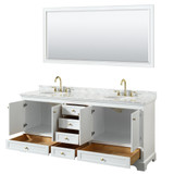 Wyndham WCS202080DWGCMUNOM70 Deborah 80 Inch Double Bathroom Vanity in White, White Carrara Marble Countertop, Undermount Oval Sinks, Brushed Gold Trim, 70 Inch Mirror