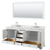 Wyndham WCS202080DWHCMUNSM70 Deborah 80 Inch Double Bathroom Vanity in White, White Carrara Marble Countertop, Undermount Square Sinks, and 70 Inch Mirror