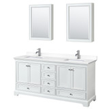 Wyndham WCS202072DWHWCUNSMED Deborah 72 Inch Double Bathroom Vanity in White, White Cultured Marble Countertop, Undermount Square Sinks, Medicine Cabinets