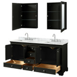 Wyndham WCS202072DDECMUNSMED Deborah 72 Inch Double Bathroom Vanity in Dark Espresso, White Carrara Marble Countertop, Undermount Square Sinks, and Medicine Cabinets