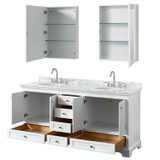 Wyndham WCS202072DWHCMUNOMED Deborah 72 Inch Double Bathroom Vanity in White, White Carrara Marble Countertop, Undermount Oval Sinks, and Medicine Cabinets