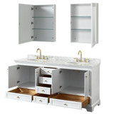 Wyndham WCS202072DWGCMUNOMED Deborah 72 Inch Double Bathroom Vanity in White, White Carrara Marble Countertop, Undermount Oval Sinks, Brushed Gold Trim, Medicine Cabinets Wyndham WCS202072DWGCMUNOMED Deborah 72 Inch Double Bathroom Vanity in White, White Carrara Marble Countertop, Undermount Oval Sinks, Brushed Gold Trim, Medicine Cabinets