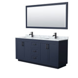 Wyndham WCF292972DBBCMUNSM70 Miranda 72 Inch Double Bathroom Vanity in Dark Blue, White Carrara Marble Countertop, Undermount Square Sinks, Matte Black Trim, 70 Inch Mirror