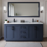Wyndham WCF292972DBBCMUNSM70 Miranda 72 Inch Double Bathroom Vanity in Dark Blue, White Carrara Marble Countertop, Undermount Square Sinks, Matte Black Trim, 70 Inch Mirror