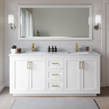 Wyndham WCF292972DWGCMUNSM70 Miranda 72 Inch Double Bathroom Vanity in White, White Carrara Marble Countertop, Undermount Square Sinks, Brushed Gold Trim, 70 Inch Mirror