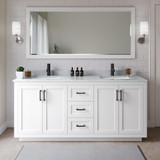 Wyndham WCF292972DWBCMUNSM70 Miranda 72 Inch Double Bathroom Vanity in White, White Carrara Marble Countertop, Undermount Square Sinks, Matte Black Trim, 70 Inch Mirror