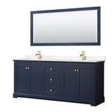 Wyndham WCV232380DBLC2UNSM70 Avery 80 Inch Double Bathroom Vanity in Dark Blue, Light-Vein Carrara Cultured Marble Countertop, Undermount Square Sinks, 70 Inch Mirror