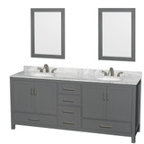 Wyndham WCS141480DKGCMUNOM24 Sheffield 80 Inch Double Bathroom Vanity in Dark Gray, White Carrara Marble Countertop, Undermount Oval Sinks, and 24 Inch Mirrors