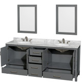 Wyndham WCS141480DKGCMUNOM24 Sheffield 80 Inch Double Bathroom Vanity in Dark Gray, White Carrara Marble Countertop, Undermount Oval Sinks, and 24 Inch Mirrors